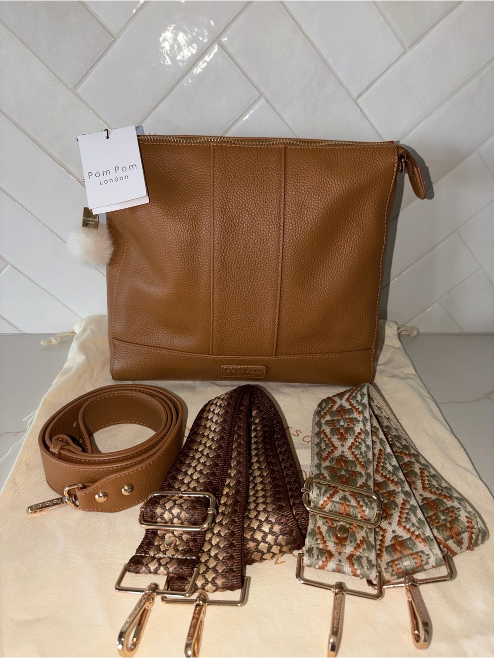 Pom Pom London Maple Westminster Messenger Leather Bag with 3 Straps NWT